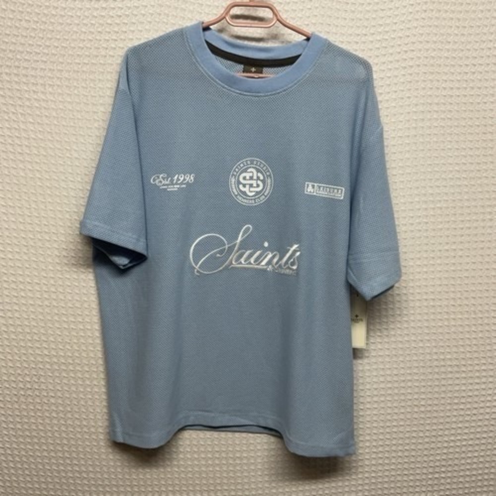 NWT Saints Studio Blue Front Logo Short Sleeve Mesh Shirt Men M Bangladesh